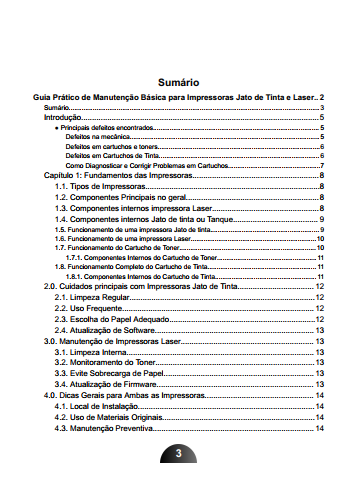 Sumario executivo do ebook Guia Prático de Manutenção Básica para Impressoras Jato de Tinta e Laser